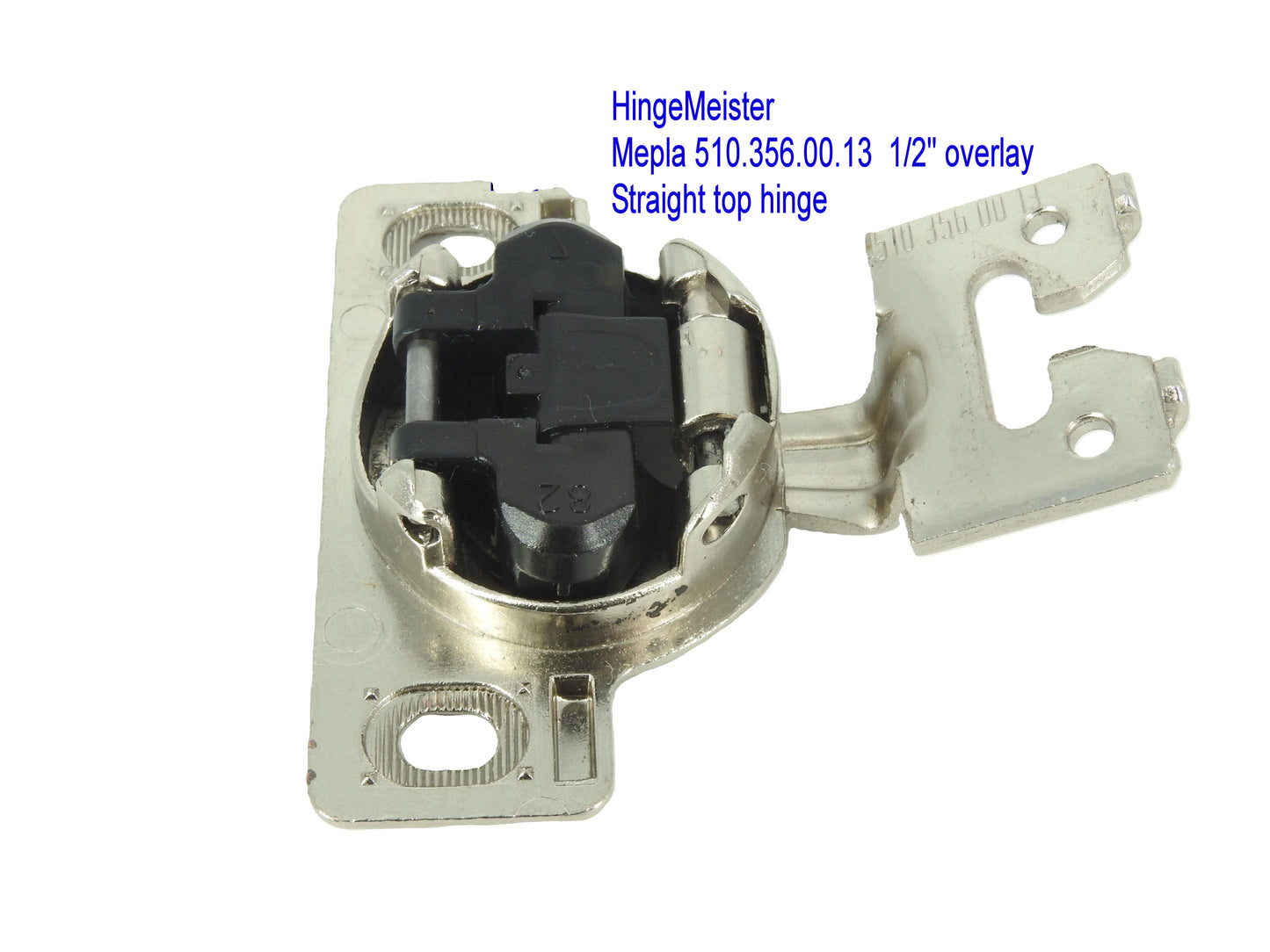 Mepla Hinge 698.256.50.00 - 1/2" Overlay - 510.356.00.13  "C" plate - Straight top hinge NEW