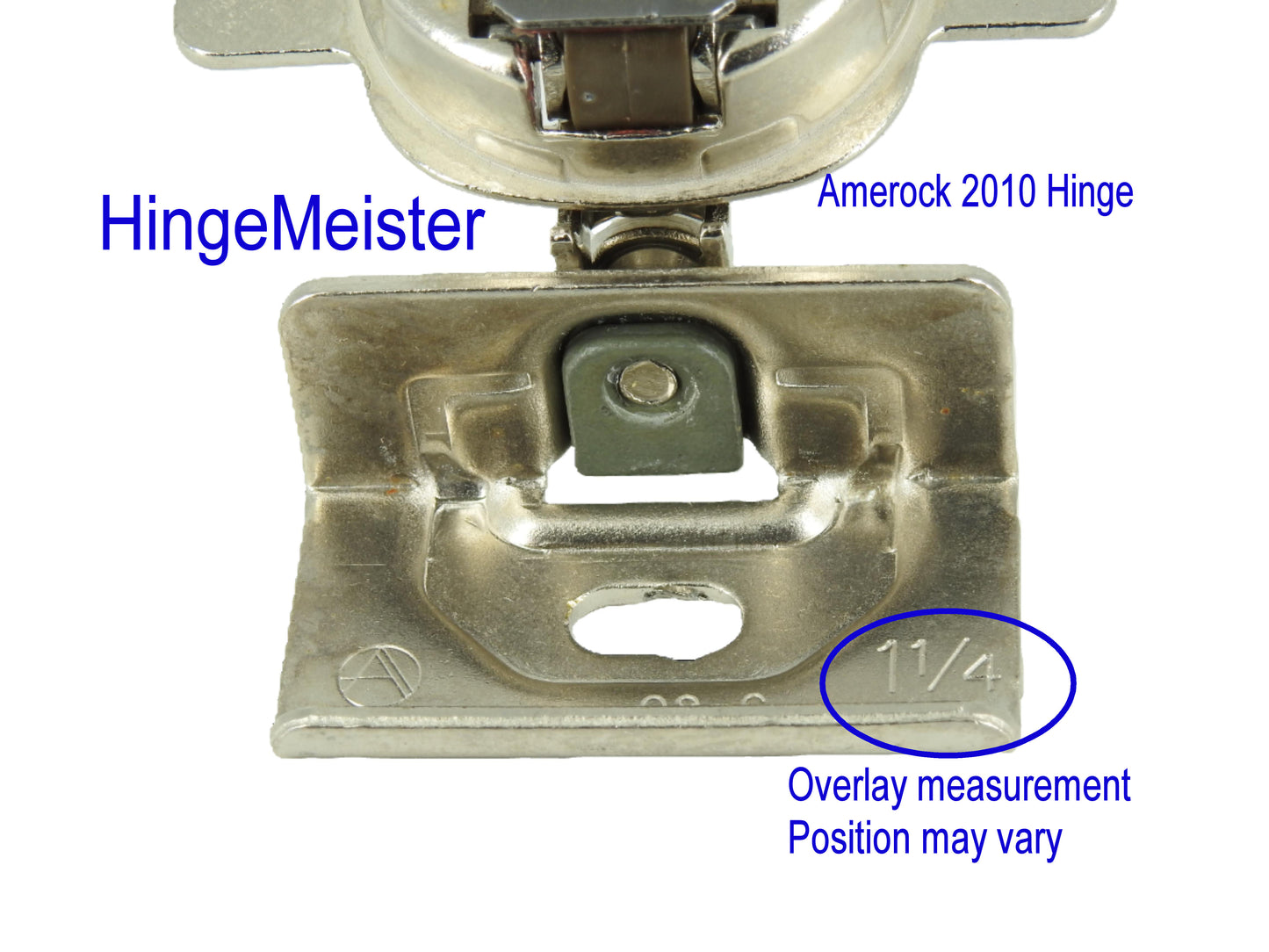 Amerock 2010 Hinge with 1 1/4" Base Plate - Nickel Finish - Complete hinge - Refurbished

Please note the screw location for the hinge "cup". The drilling is 45mm on center.