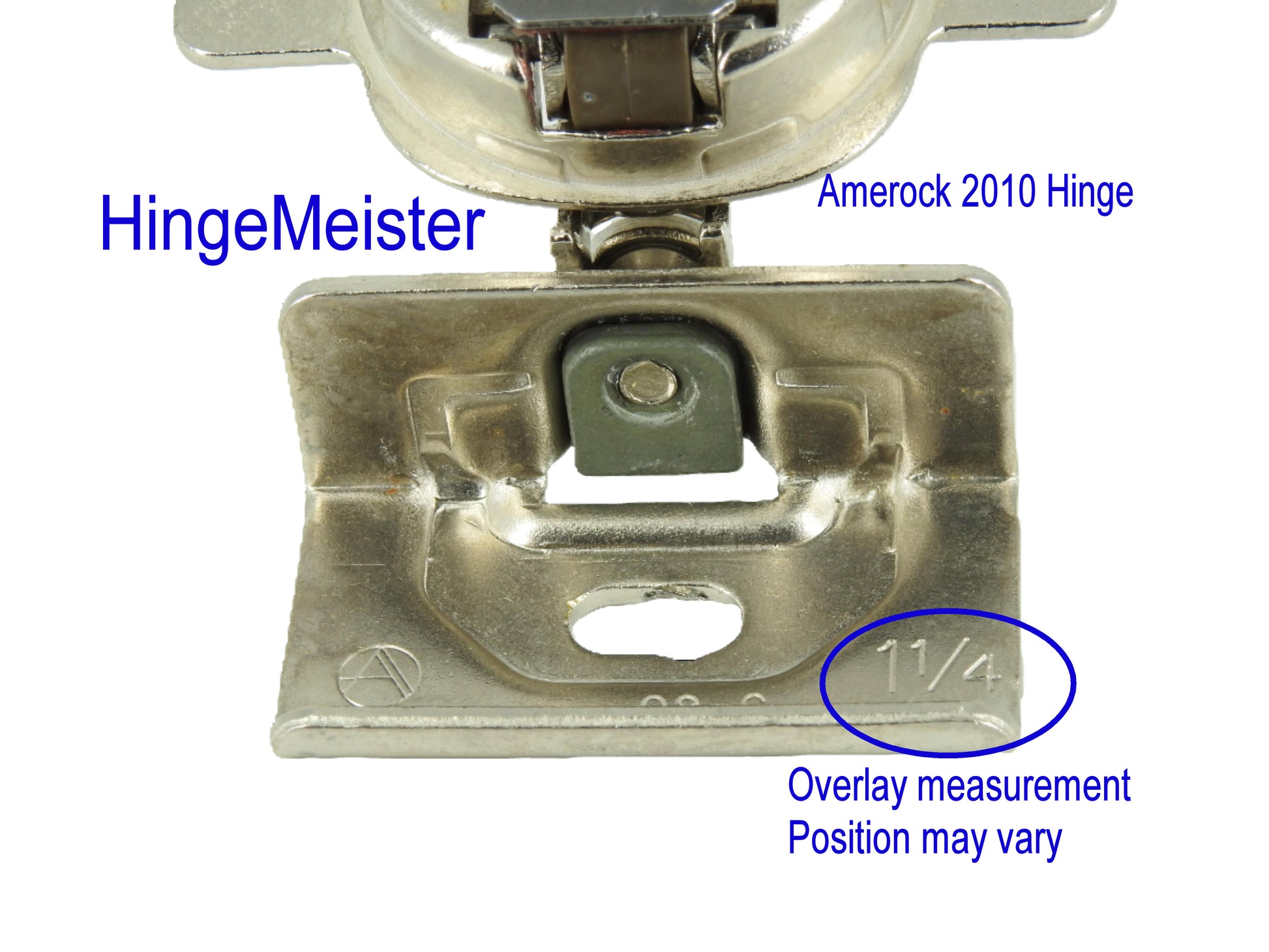 Amerock 2010 Hinge with 1 1/4" Base Plate - Nickel Finish - Complete hinge - Refurbished

Please note the screw location for the hinge "cup". The drilling is 45mm on center.