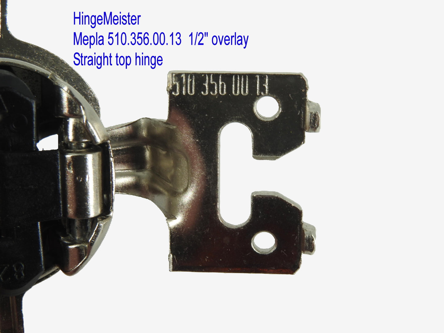 Mepla Hinge 698.256.50.00 - 1/2" Overlay - 510.356.00.13  "C" plate - Straight top hinge