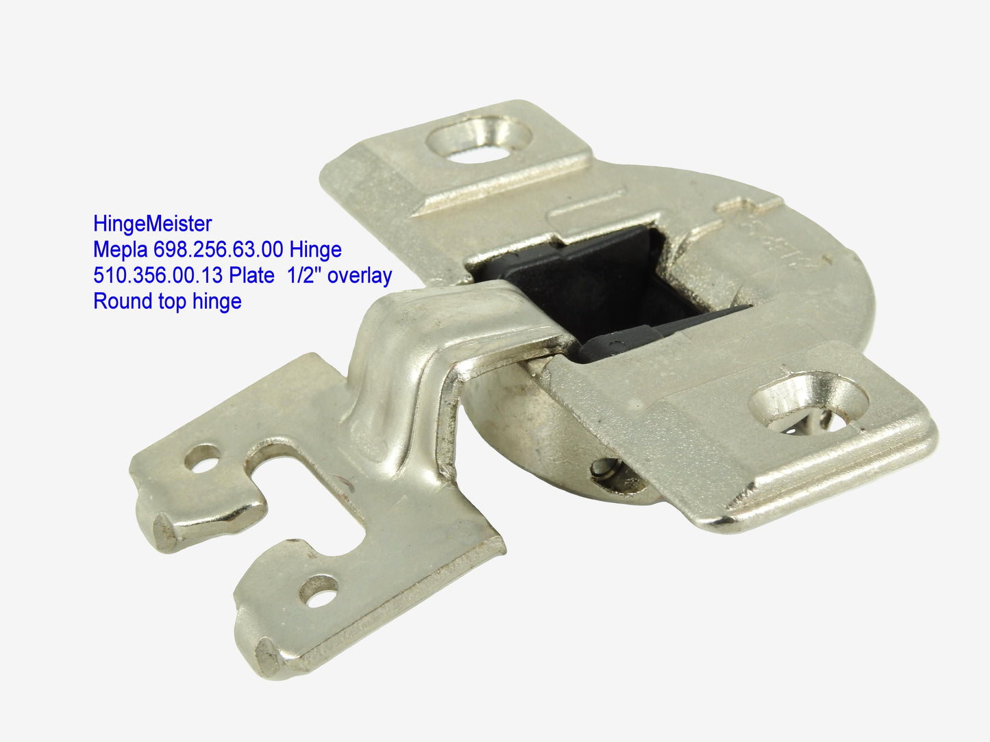Mepla Hinge 698.256.53.00 - 1/2" Overlay - 510.356.00.13 "C" plate - Round top hinge
