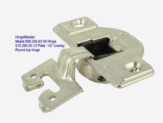 Mepla Hinge 698.256.53.00 - 1/2" Overlay - 510.356.00.13 "C" plate - Round top hinge