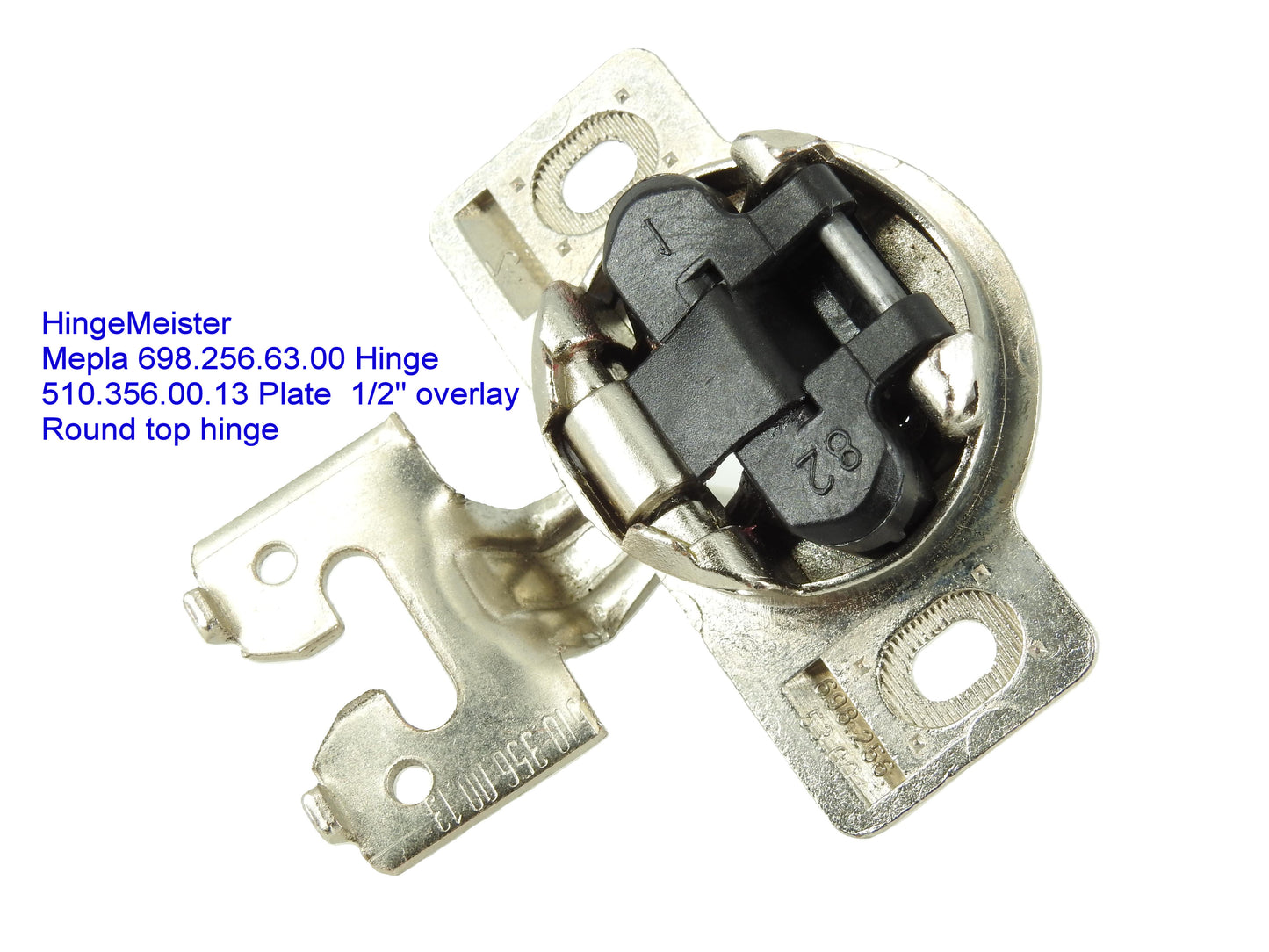 Mepla Hinge 698.256.53.00 - 1/2" Overlay - 510.356.00.13 "C" plate - Round top hinge