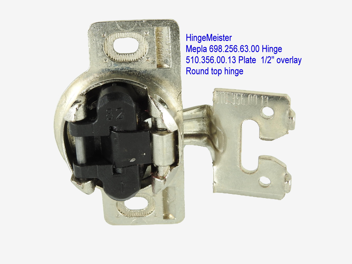 Mepla Hinge 698.256.53.00 - 1/2" Overlay - 510.356.00.13 "C" plate - Round top hinge