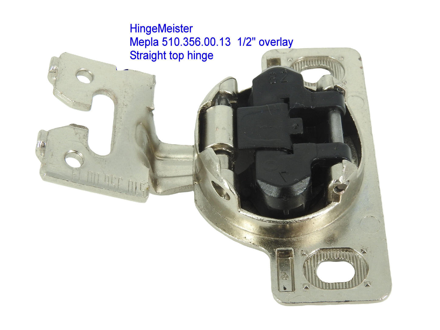 Mepla Hinge 698.256.50.00 - 1/2" Overlay - 510.356.00.13  "C" plate - Straight top hinge
