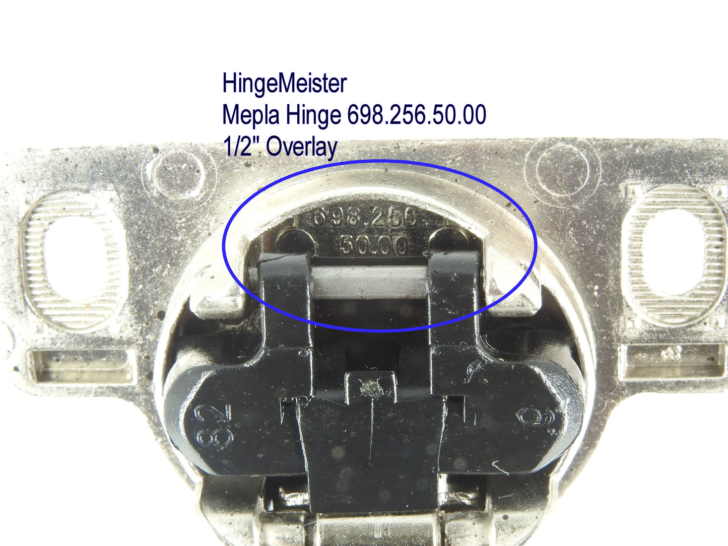 Mepla Hinge 698.256.50.00 - 1/2" Overlay - 510.356.00.13  "C" plate - Straight top hinge