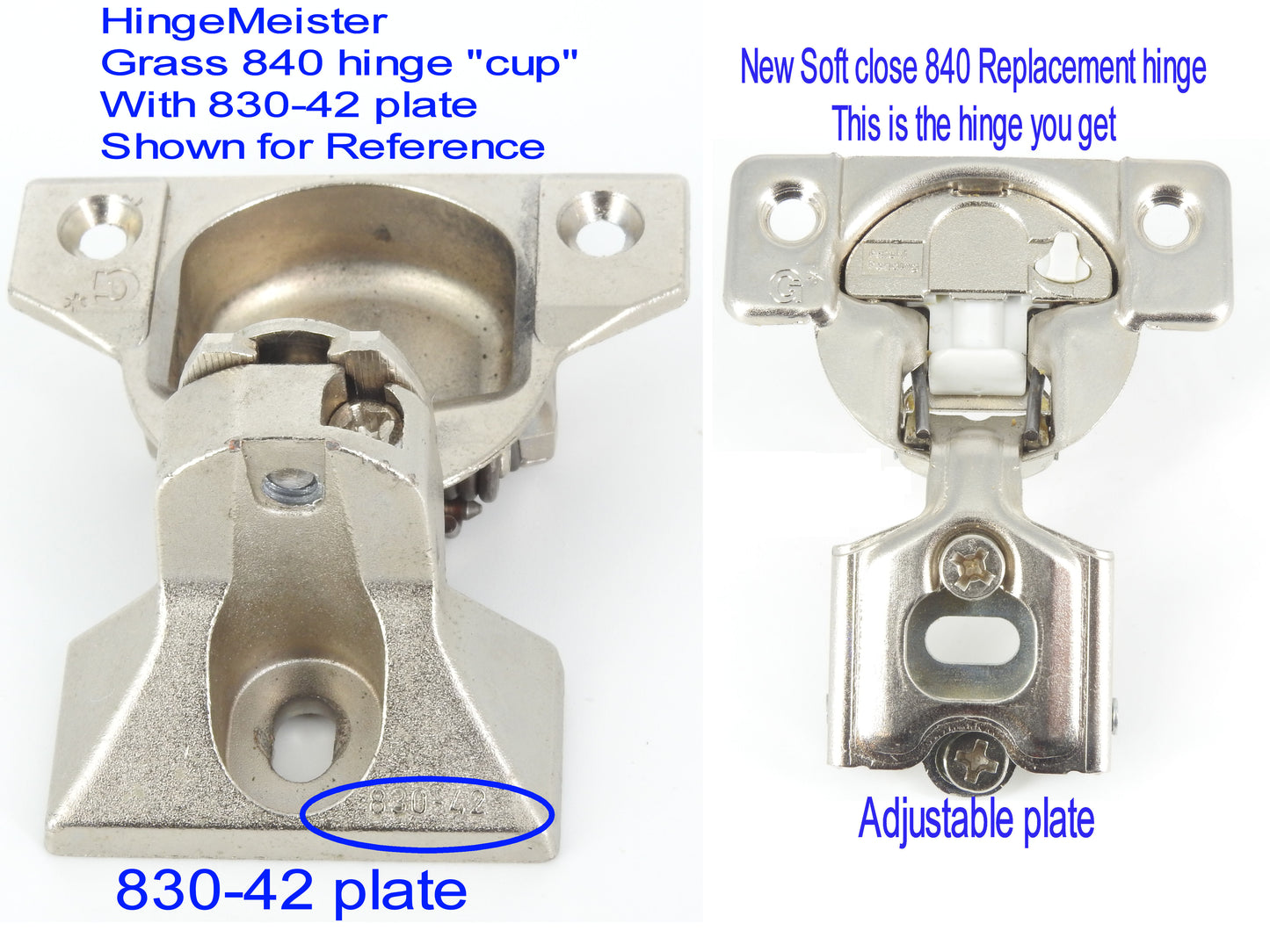 Grass 840 "cup" with 830-42 base plate -Soft Close Replacement hinge - NEW - Sold in Pairs