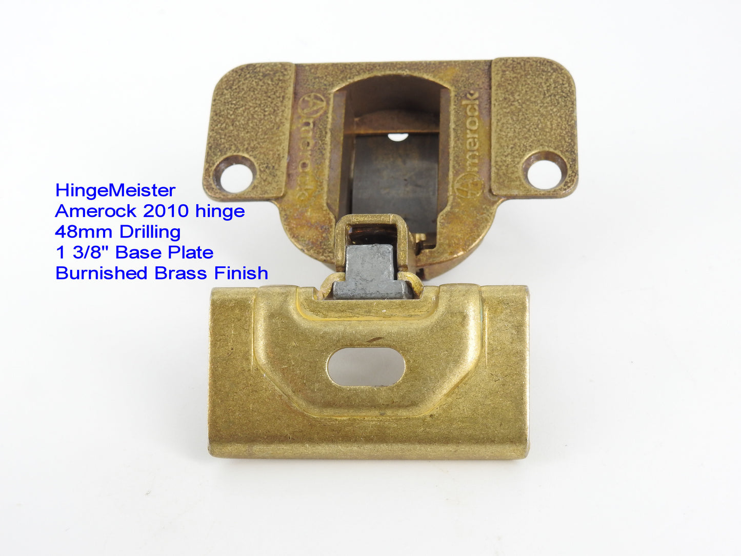 Amerock 2010 hinge 1 3/8" base plate in burnished brass finish.  48mm drilling pattern in the door.