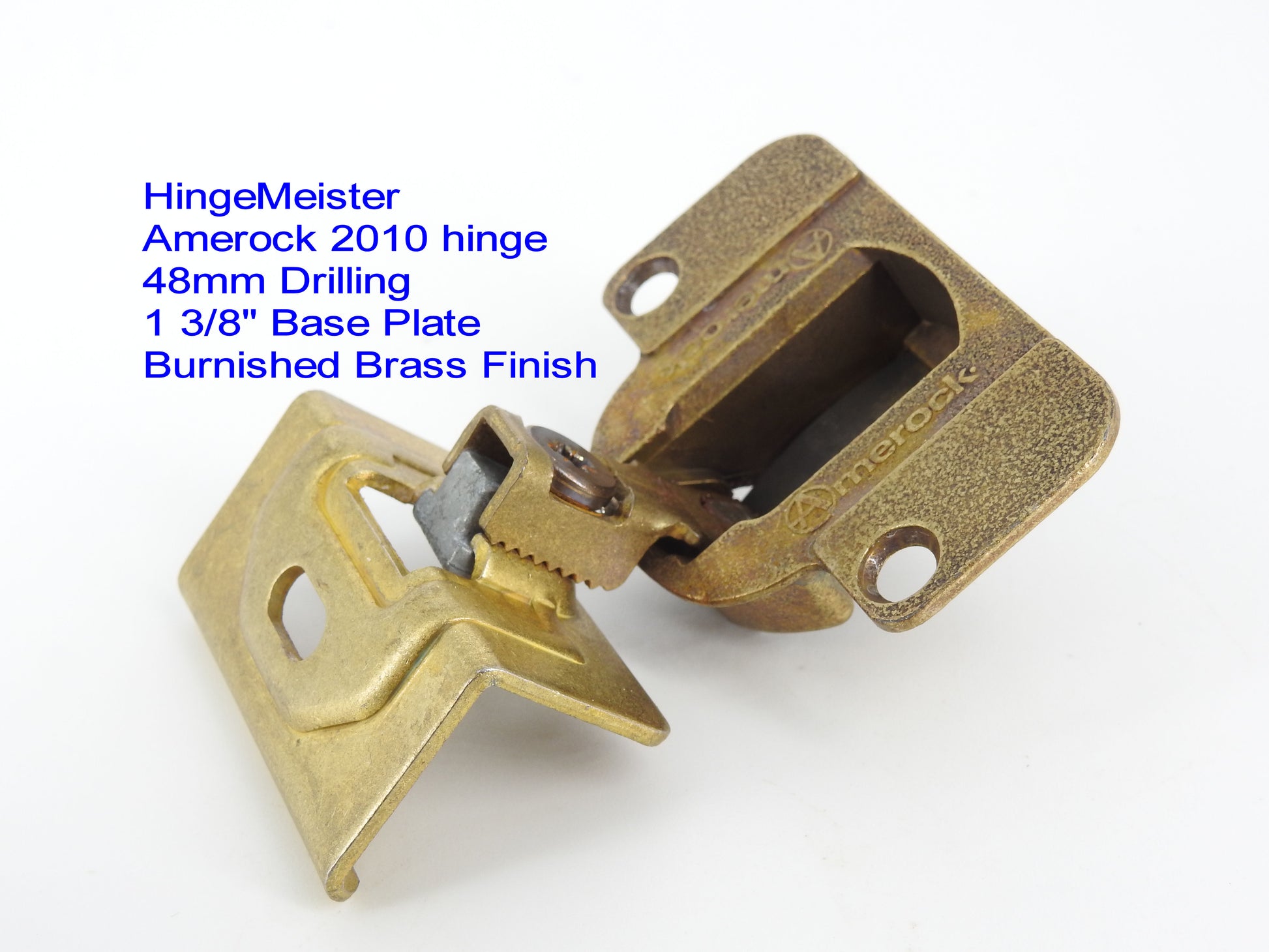 Amerock 2010 hinge 1 3/8" base plate in burnished brass finish.  48mm drilling pattern in the door.