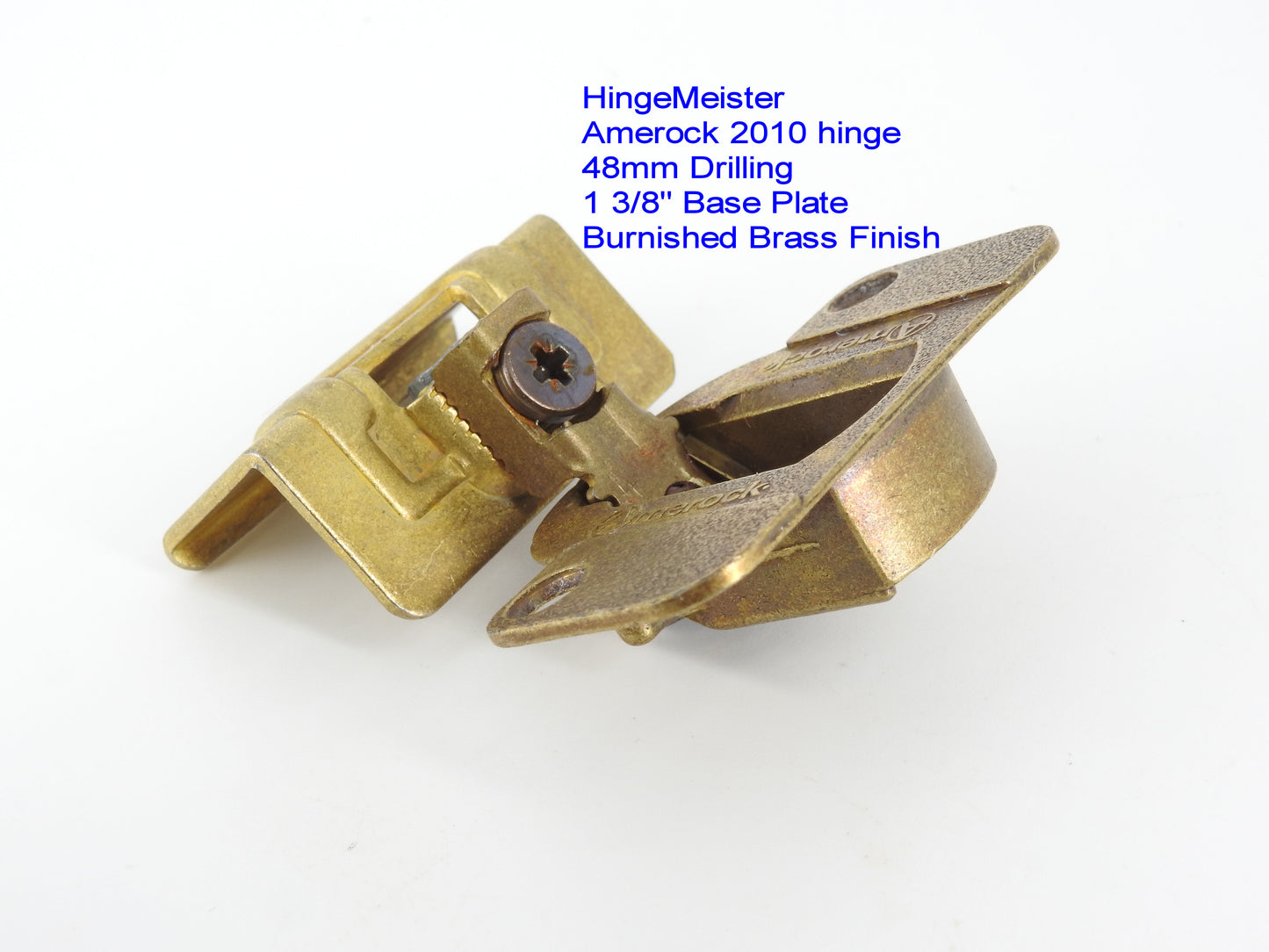 Amerock 2010 hinge 1 3/8" base plate in burnished brass finish.  48mm drilling pattern in the door.