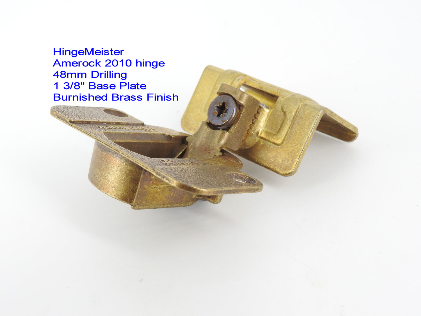 Amerock 2010 hinge 1 3/8" base plate in burnished brass finish.  48mm drilling pattern in the door.