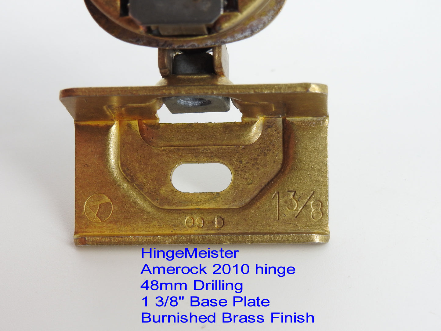 Amerock 2010 hinge 1 3/8" base plate in burnished brass finish.  48mm drilling pattern in the door.