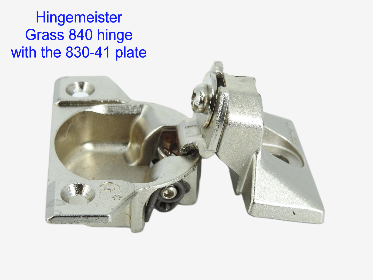 HingeMeister Grass 840 hinge with the 830-41 Nickel mounting plate - refurbished