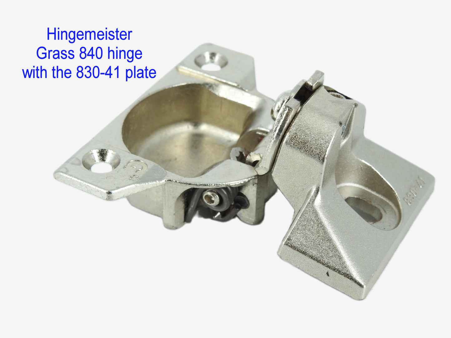 HingeMeister Grass 840 hinge with the 830-41 Nickel mounting plate - refurbished