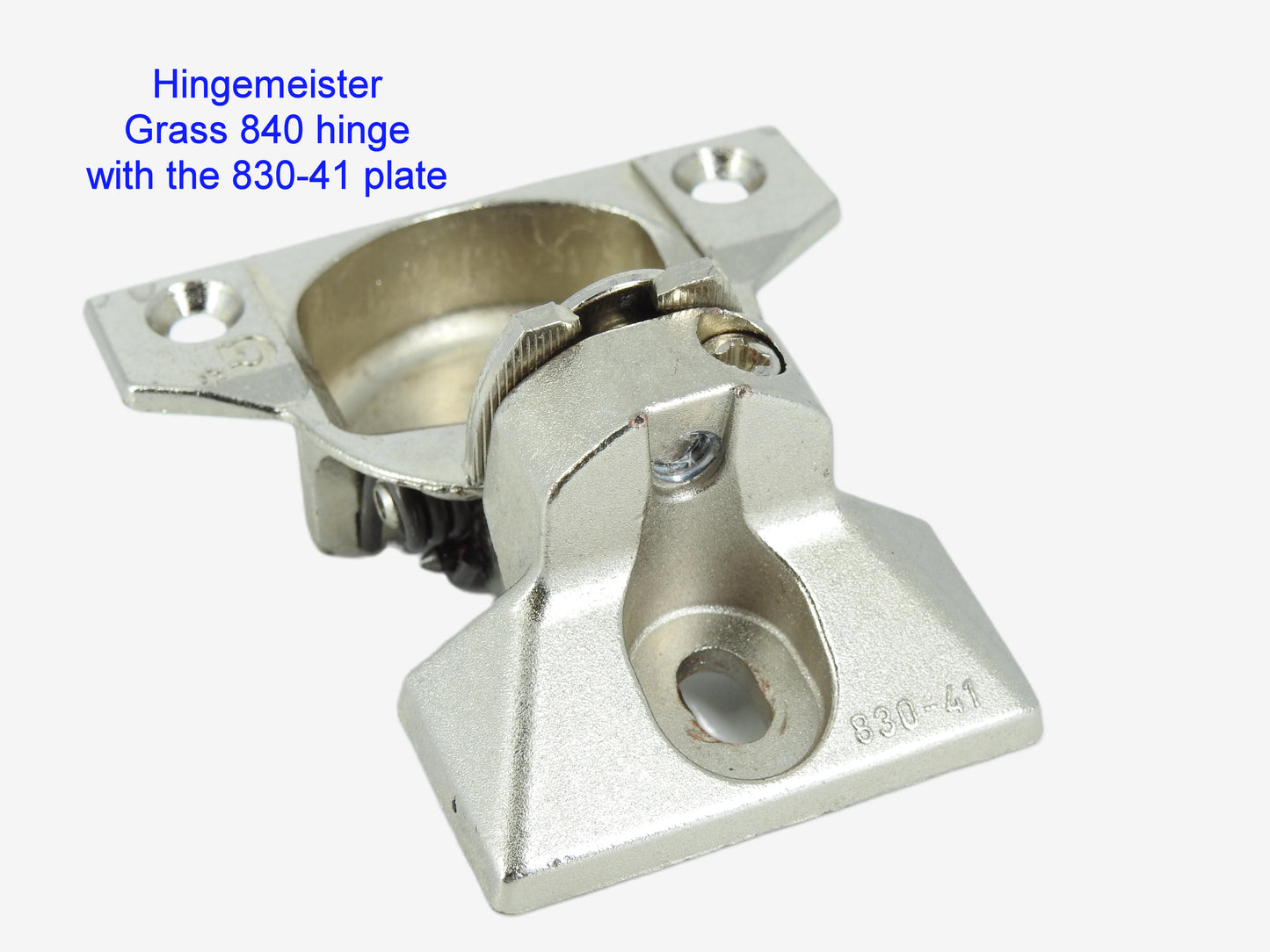 HingeMeister Grass 840 hinge with the 830-41 Nickel mounting plate - refurbished