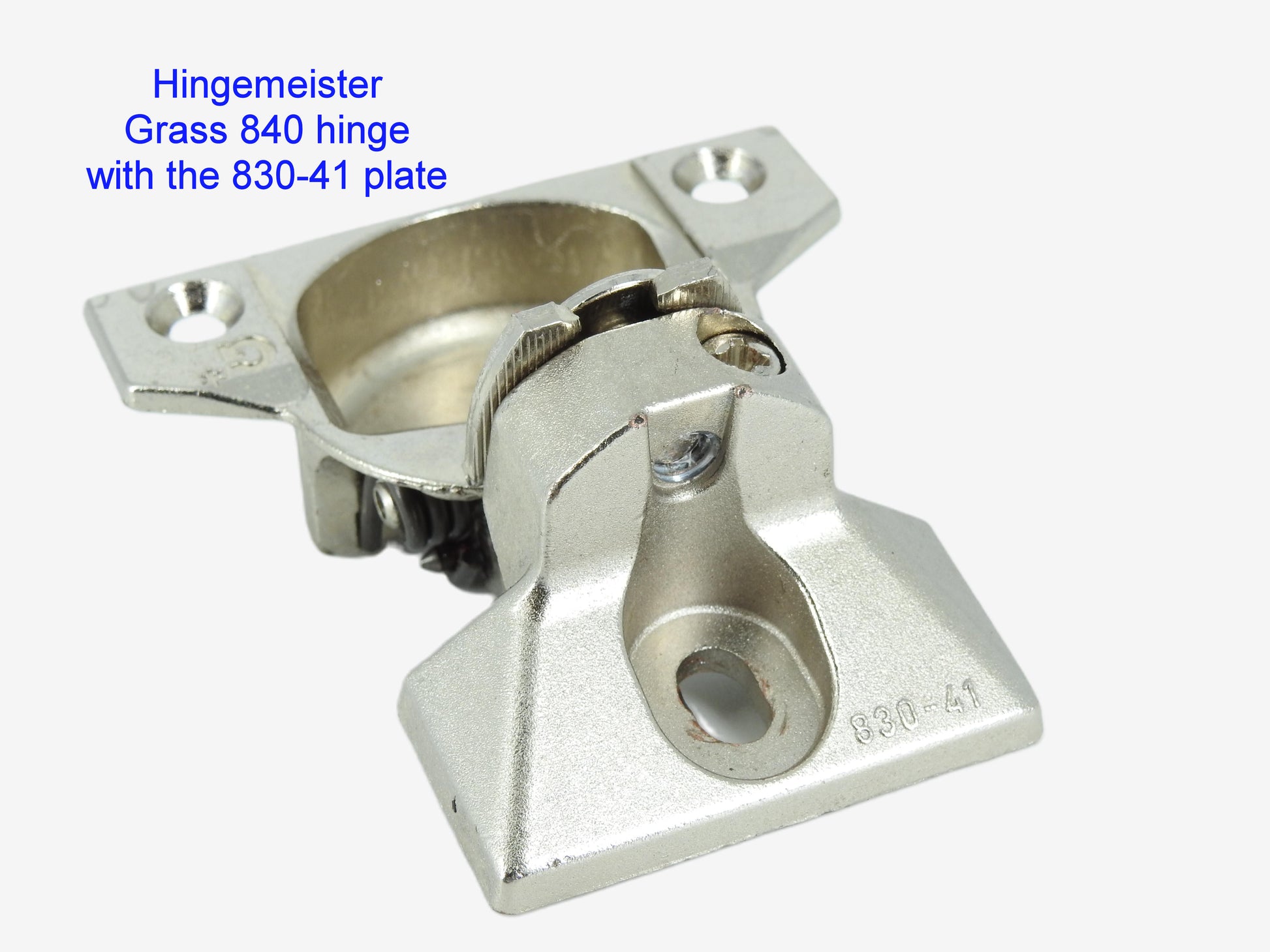 HingeMeister Grass 840 hinge with the 830-41 Nickel mounting plate - refurbished