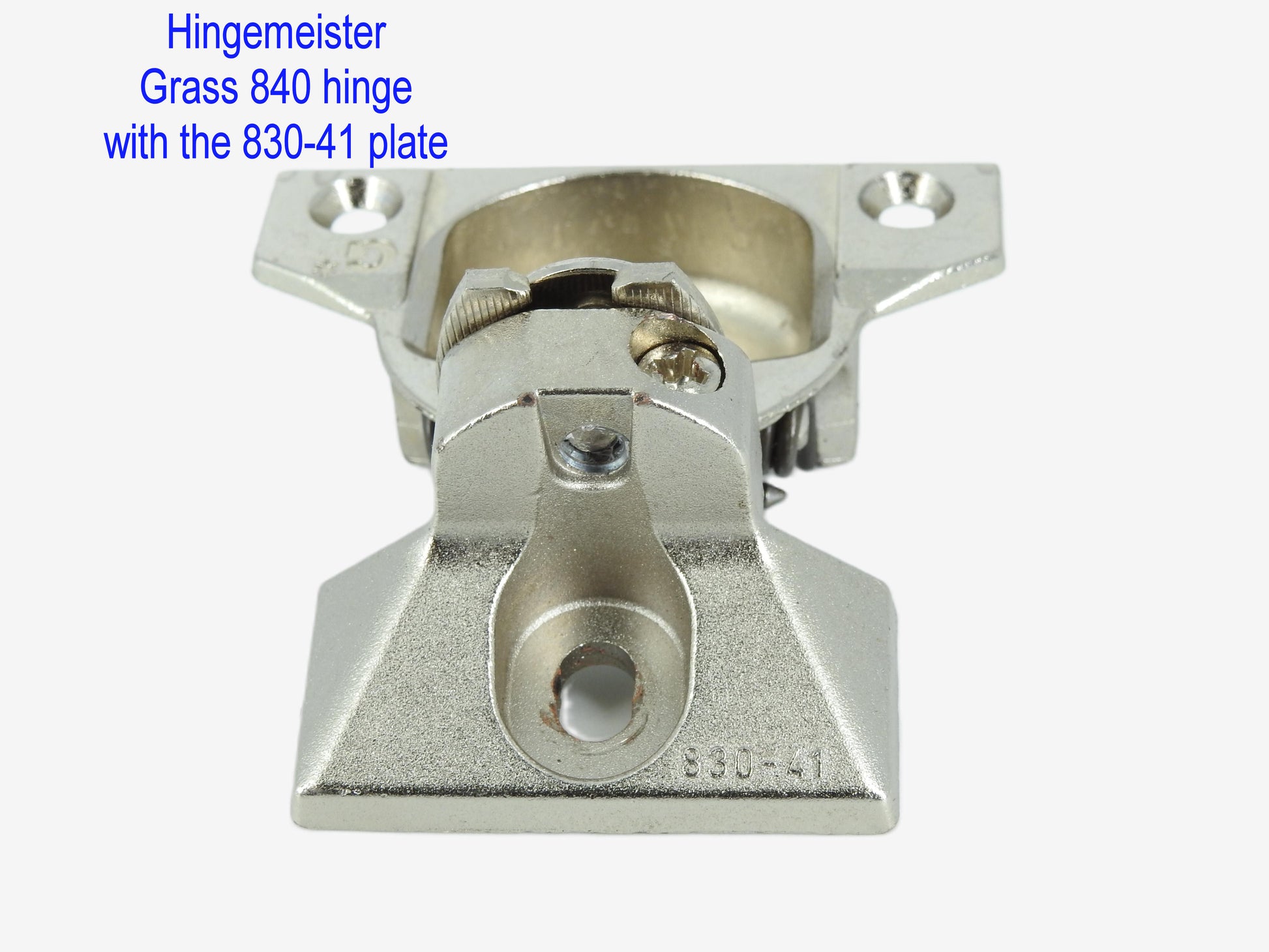 HingeMeister Grass 840 hinge with the 830-41 Nickel mounting plate - refurbished