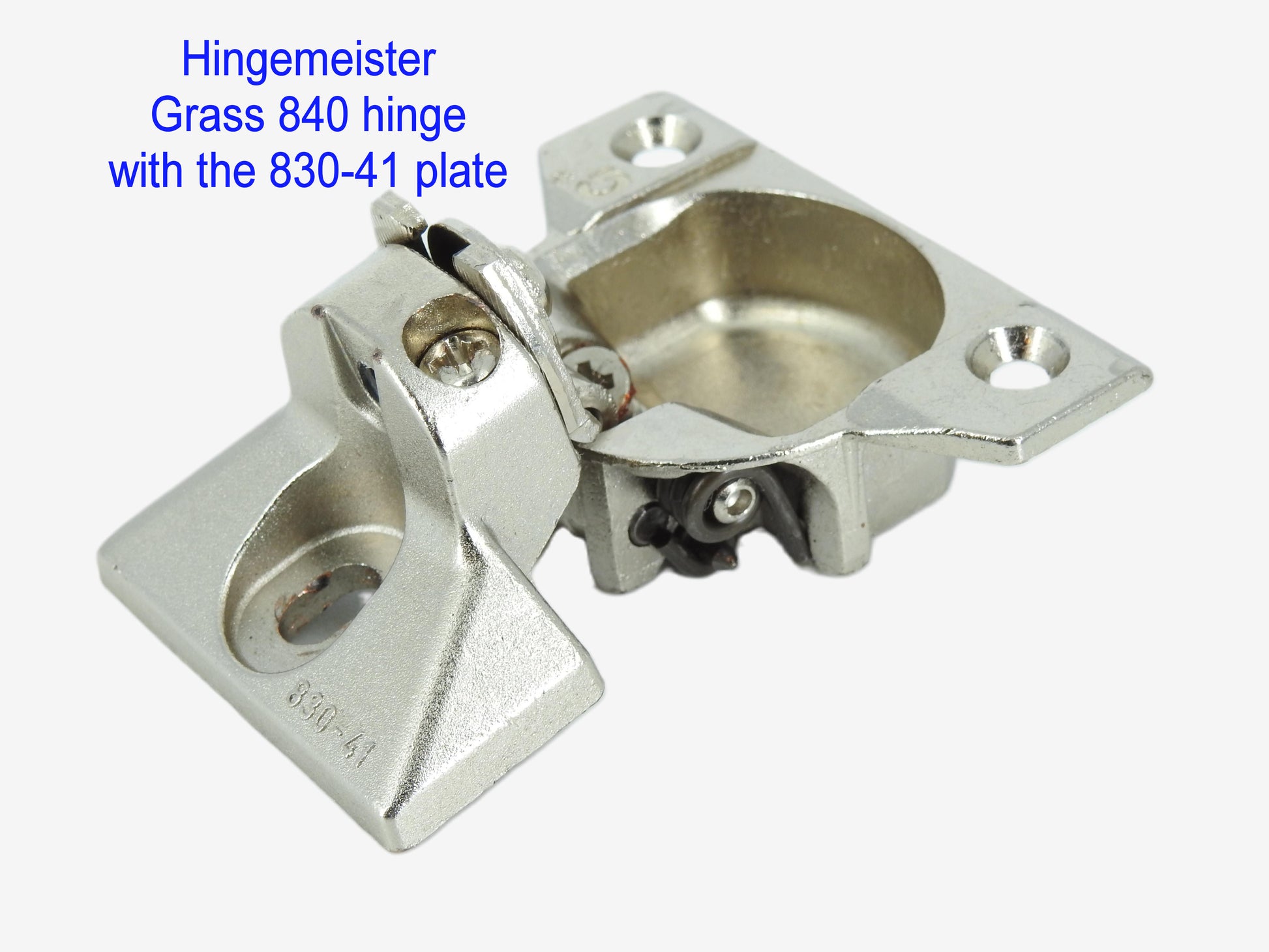 HingeMeister Grass 840 hinge with the 830-41 Nickel mounting plate - refurbished