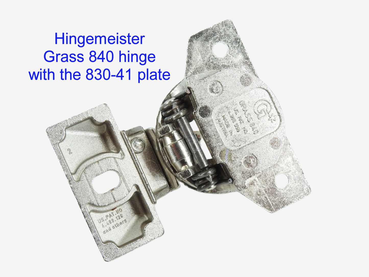 HingeMeister Grass 840 hinge with the 830-41 Nickel mounting plate - refurbished