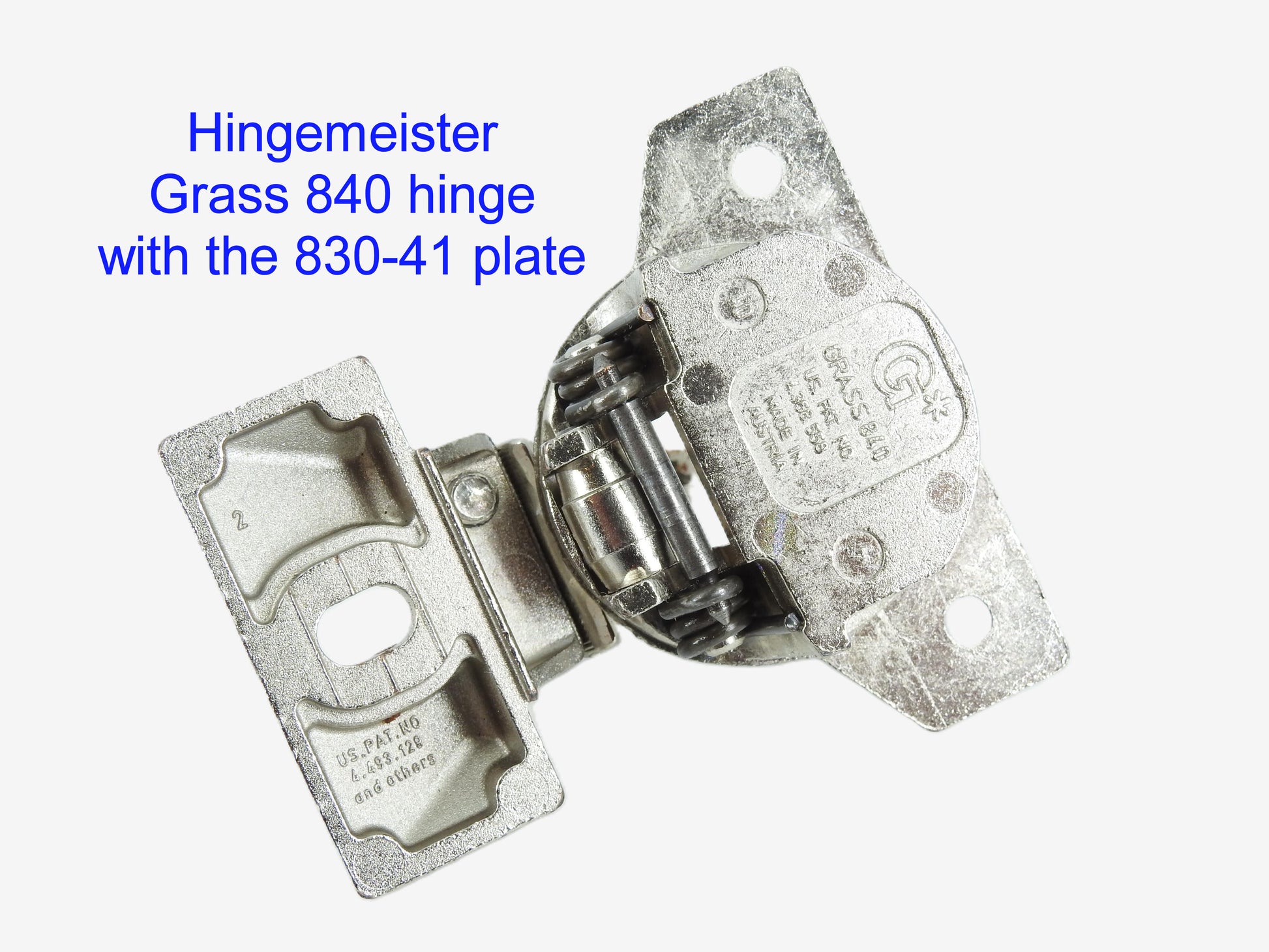 HingeMeister Grass 840 hinge with the 830-41 Nickel mounting plate - refurbished