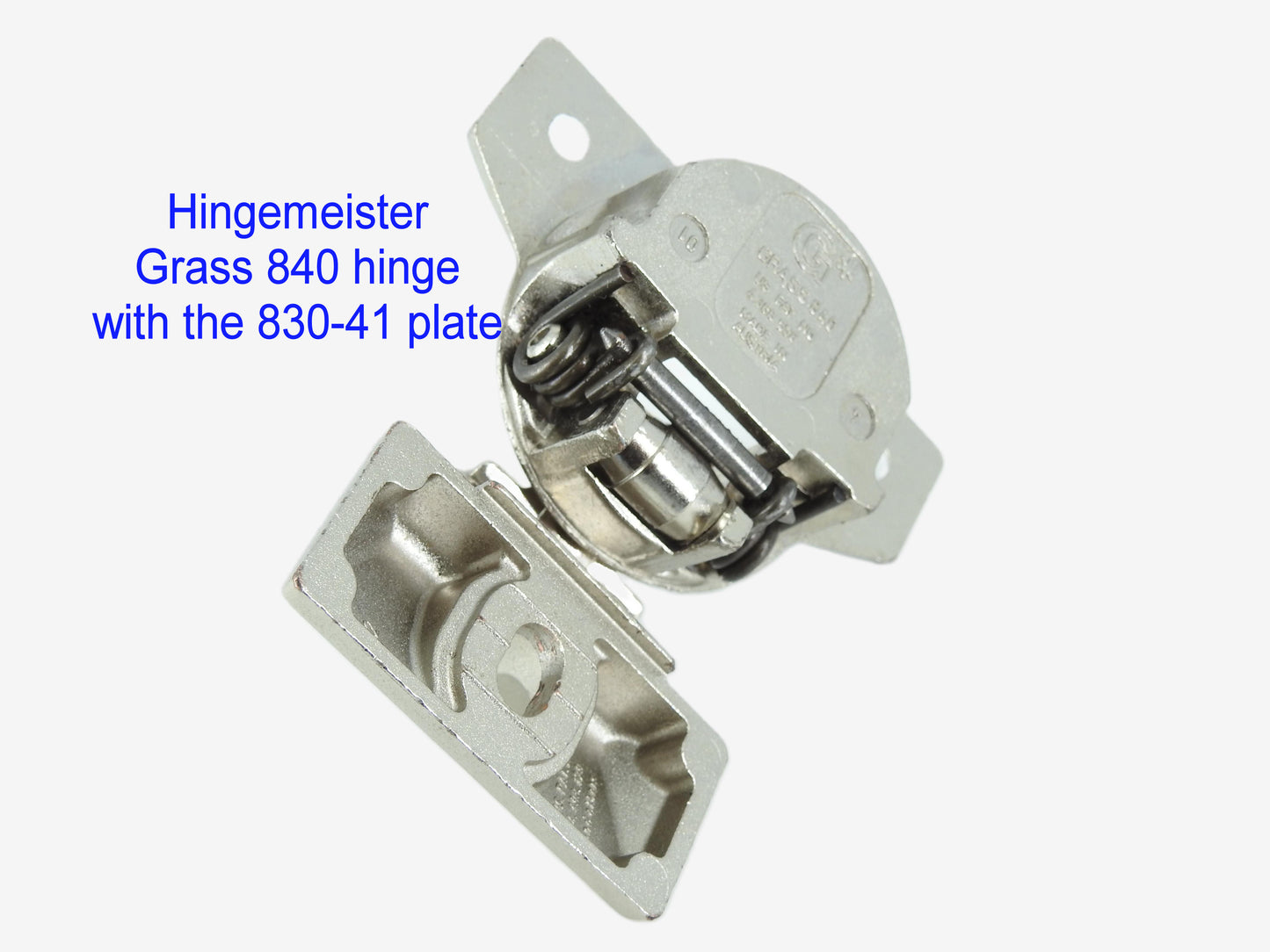 HingeMeister Grass 840 hinge with the 830-41 Nickel mounting plate - refurbished