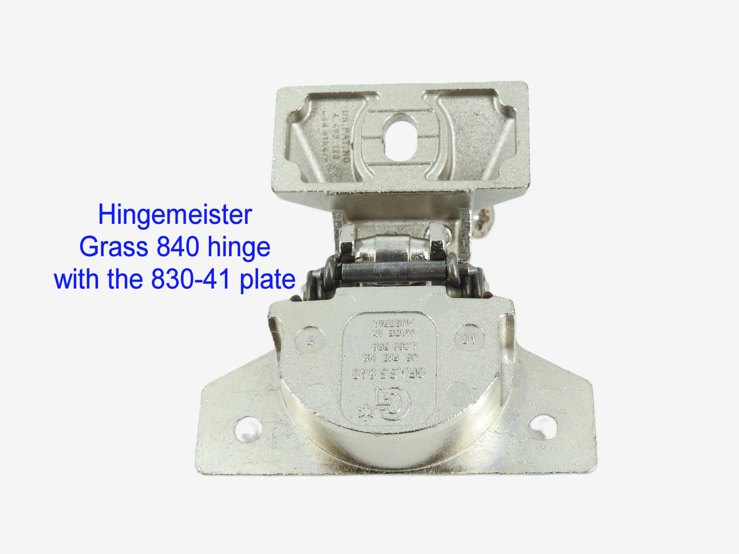 HingeMeister Grass 840 hinge with the 830-41 Nickel mounting plate - refurbished