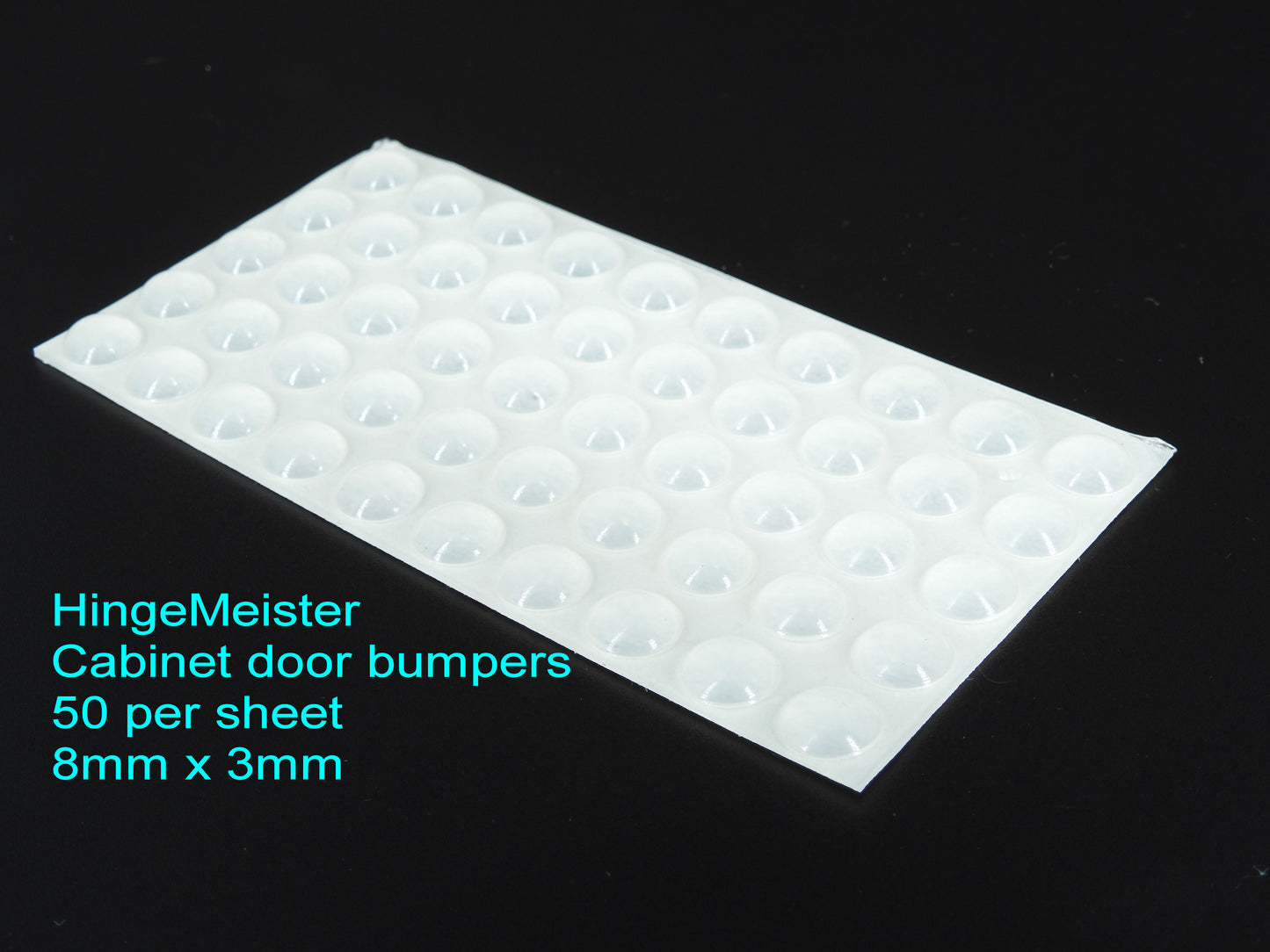 Sheet of cabinet door bumpers with product details