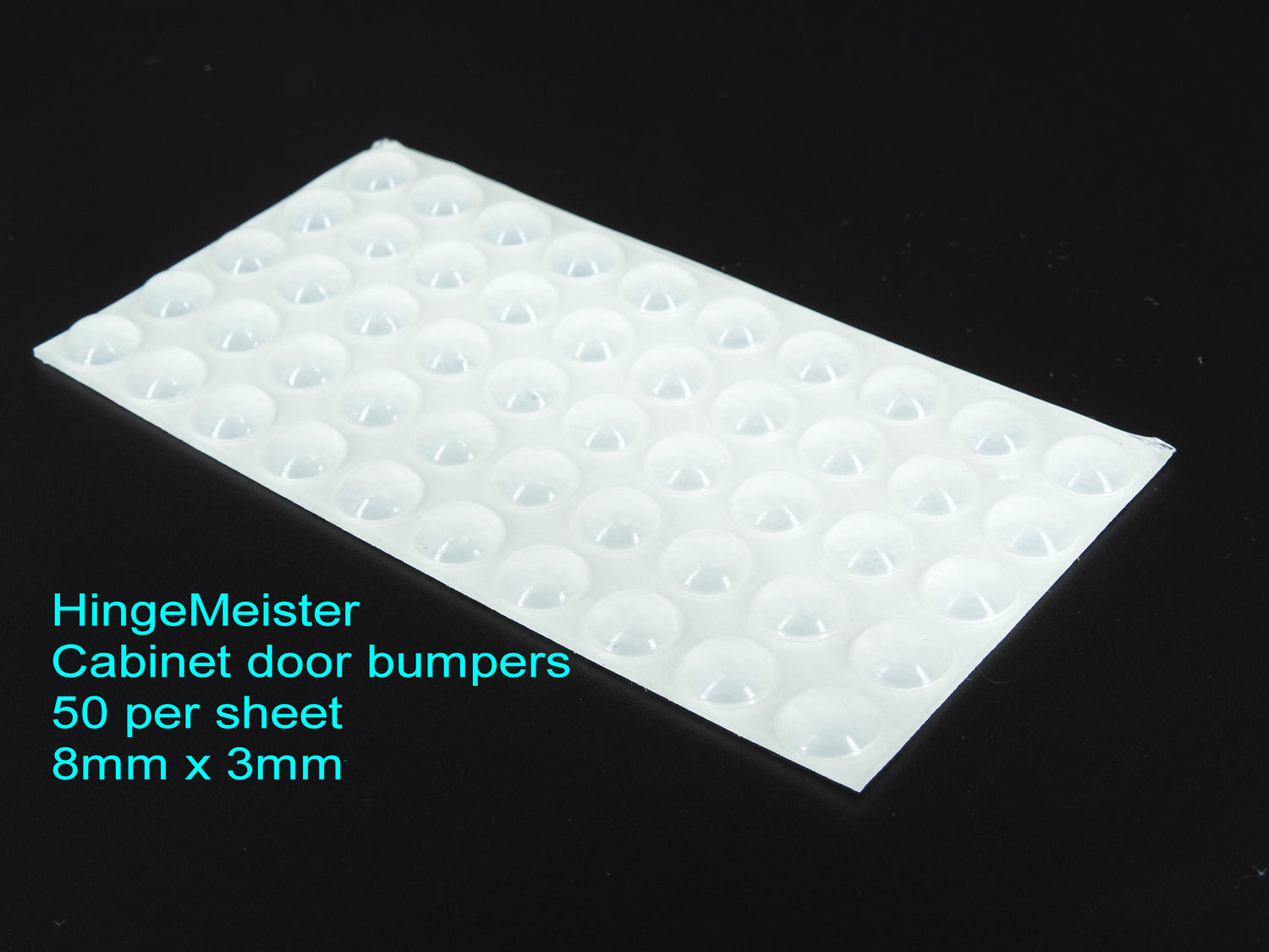 Sheet of cabinet door bumpers with product details