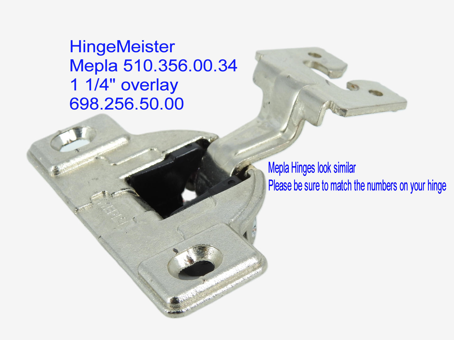 Mepla 698.256.50.00 - 1 1/4" Overlay - 510.356.00.34 plate - Straight top hinge